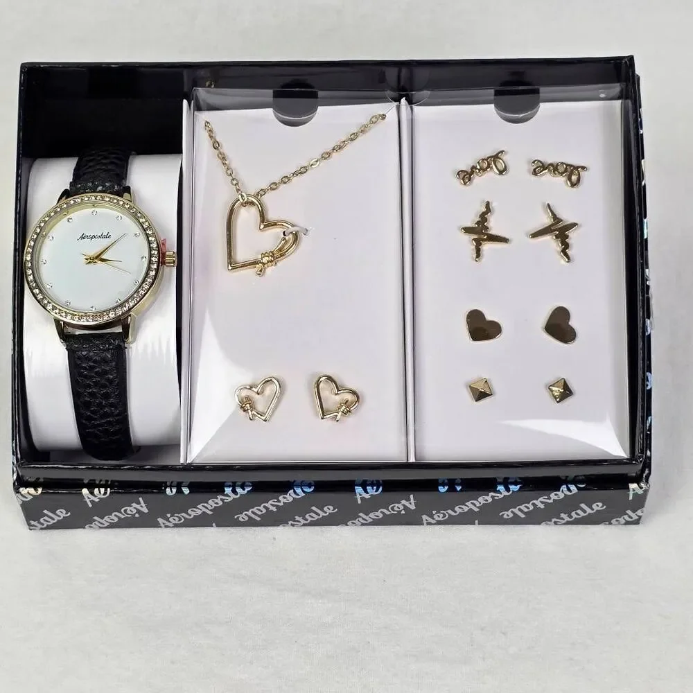 Aeropostale Watch Jewelry Set Necklace Earrings Gold Tone